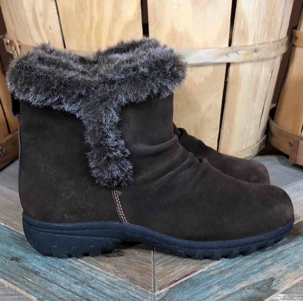 Khombu Lisa Brown Suede Faux Fur Insulated Zip-Up Ankle Booties Womens Size 7